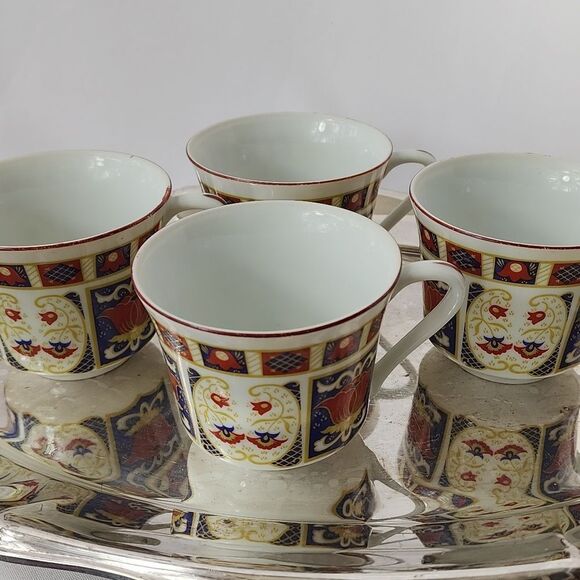 Vintage Set of 4 Imari Japan Derbyshire Fine china SnackDessert Plates & Teacups - Picture 7 of 14